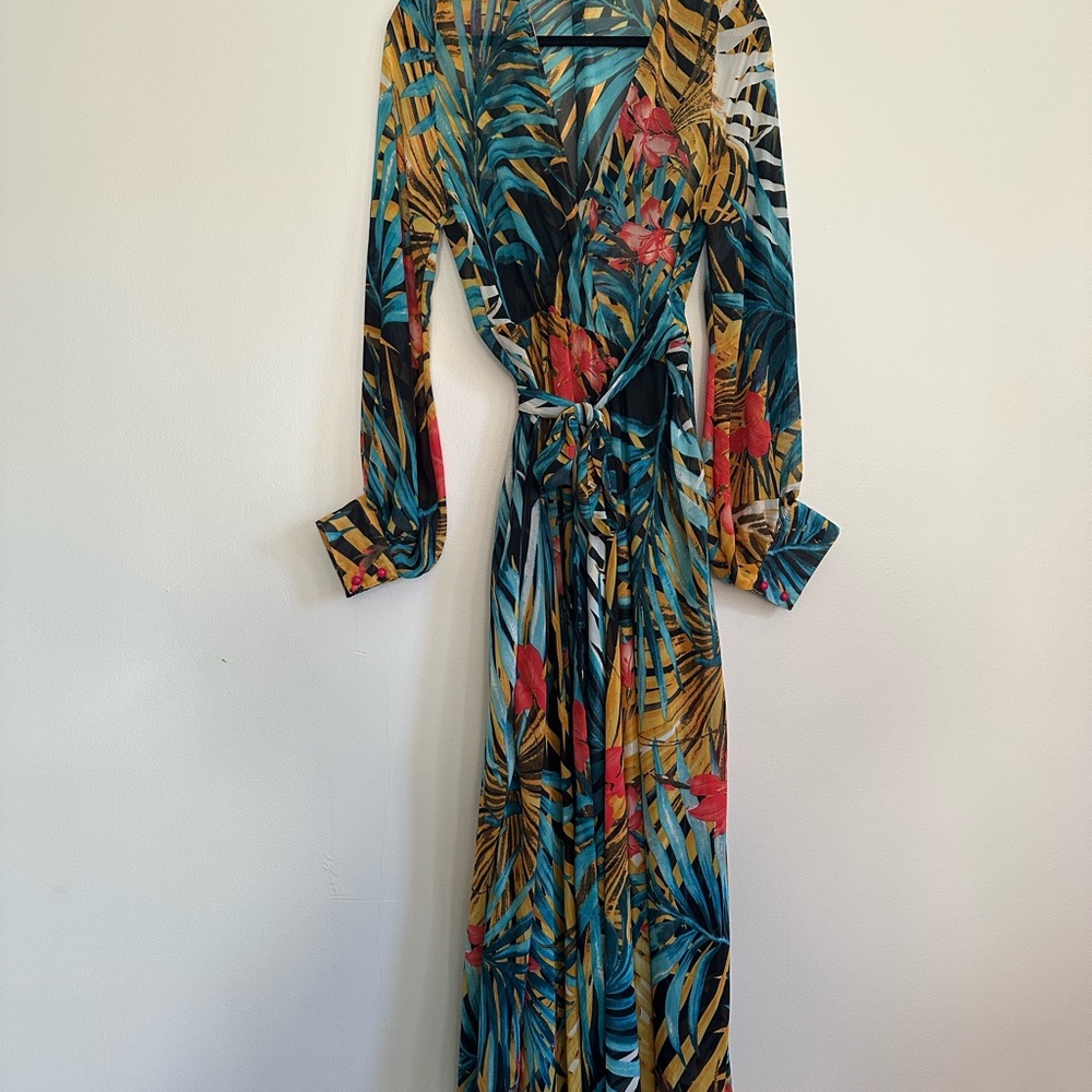 Acevog Tropical Floral Maxi Dress XXL Long Sleeve V-Neck Resort Wear Teal Yellow